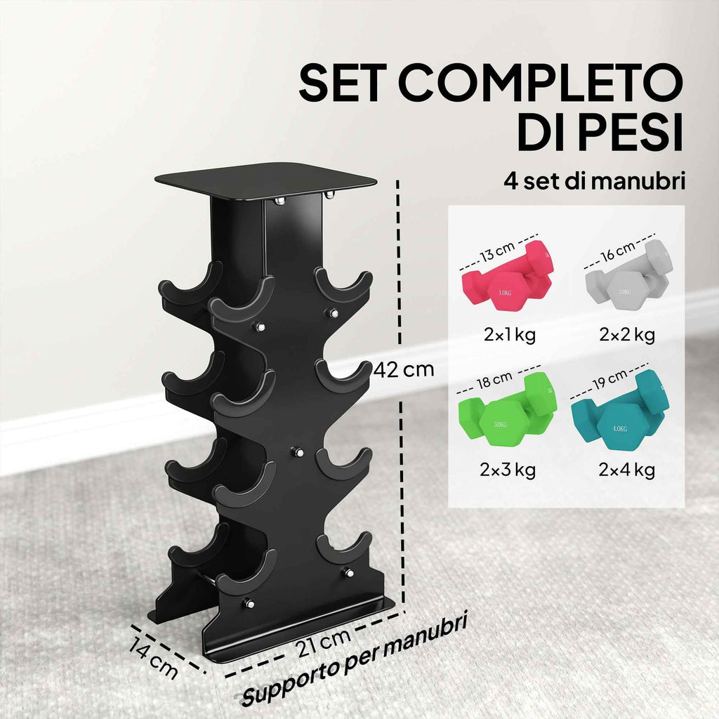 SPORTNOW Set of 8 Non-Slip Hex Dumbbells with Stand, in Metal and Plastic, Multicolored