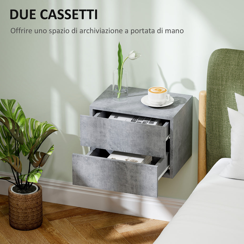 Set of 2 Floating Bedside Tables with 2 Drawers Modern and Space-Saving, 40x29x30 cm, Cement Grey