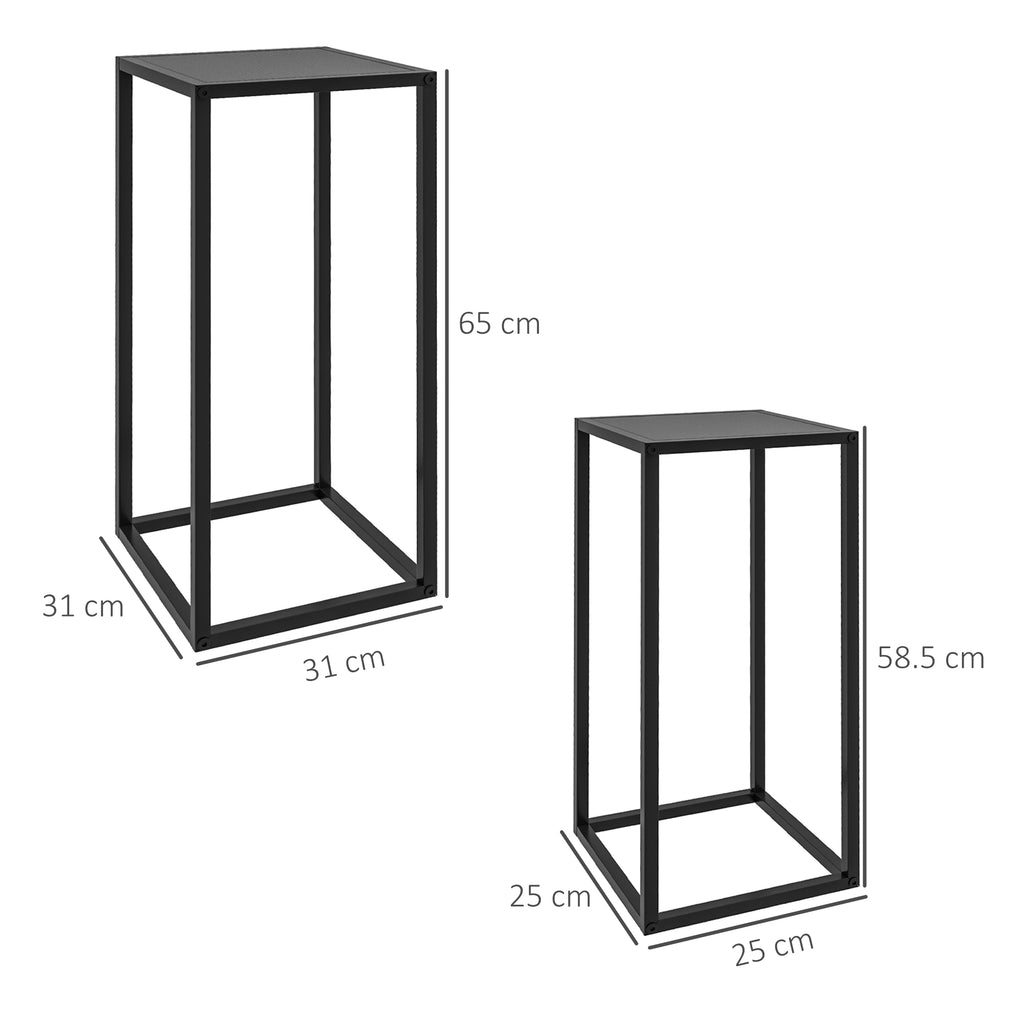 Plant Stand Table Set of 2 in Steel for Indoor and Outdoor Use, 25x25x58.5 cm and 31x31x65 cm, Black