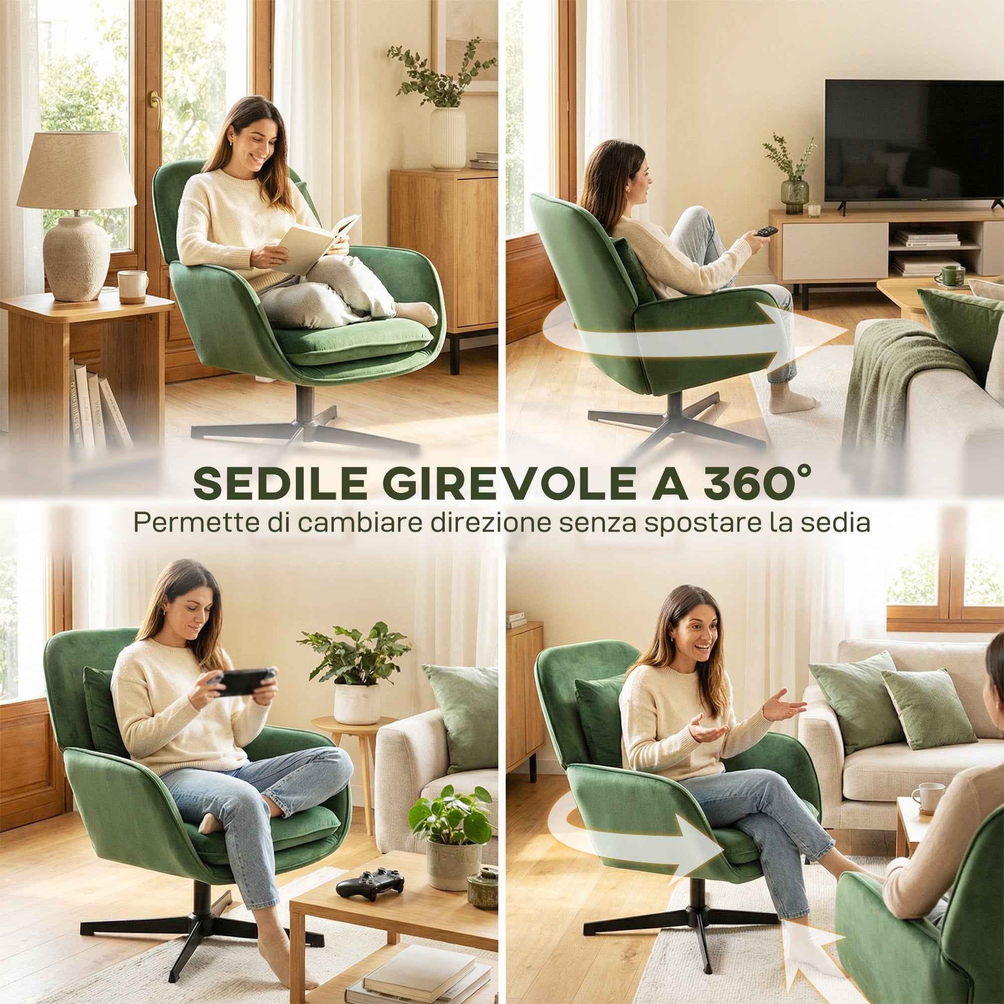 Swivel Lounge Chair with Lumbar Cushion and Velvet Fabric Upholstery, Green