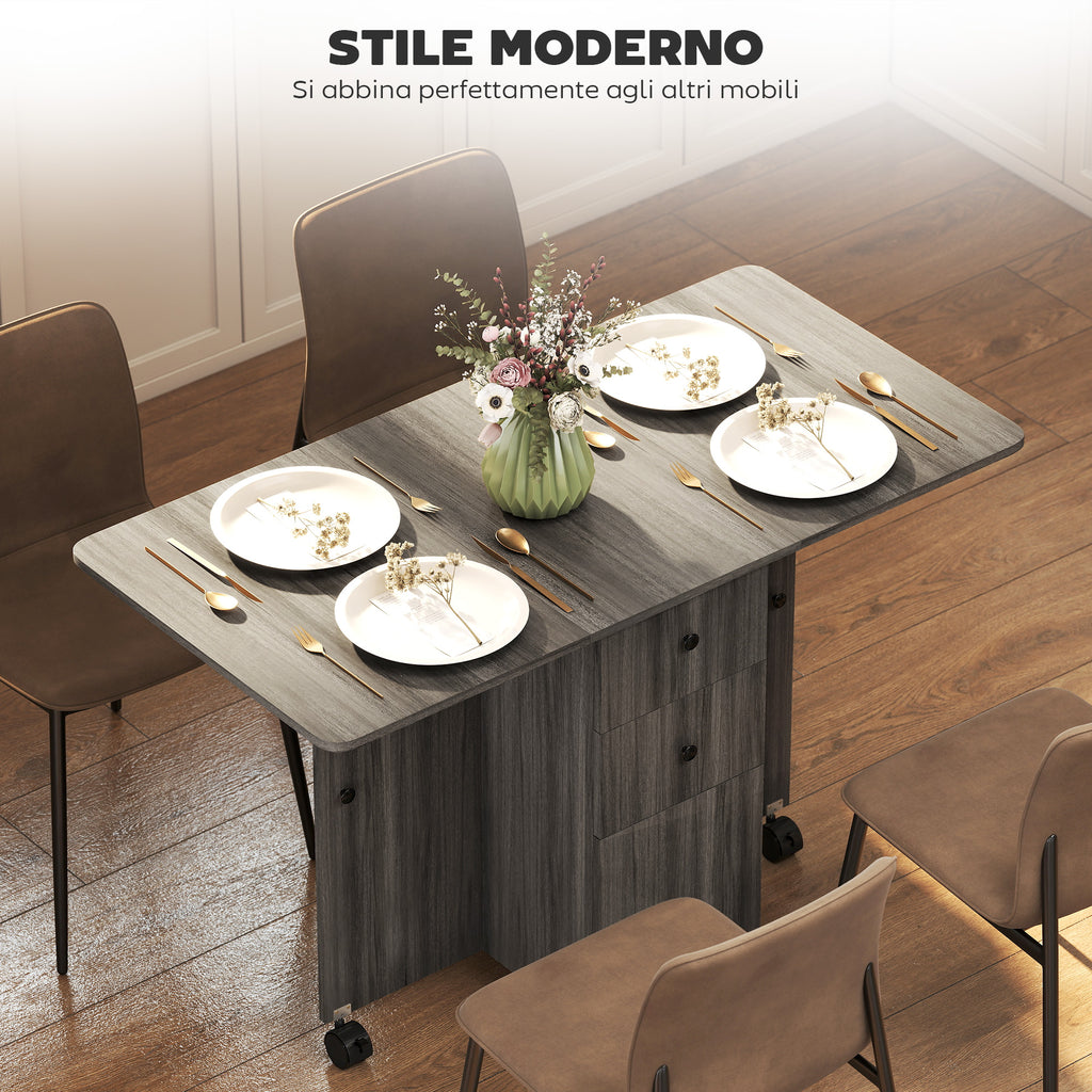 6-Wheel Drop-Leaf Table with 2 Drawers and Cabinet Doors, Wooden, 120x60x76.5 cm, Grey