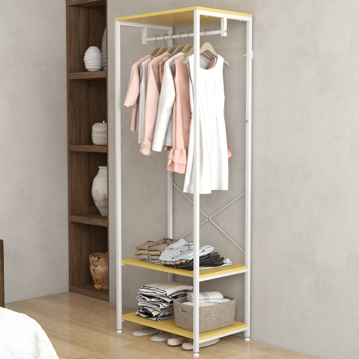 Clothes Stand 2 in 1  with 2-Tier Shelf, Steel and Chipboard, 60x40x167.5 cm