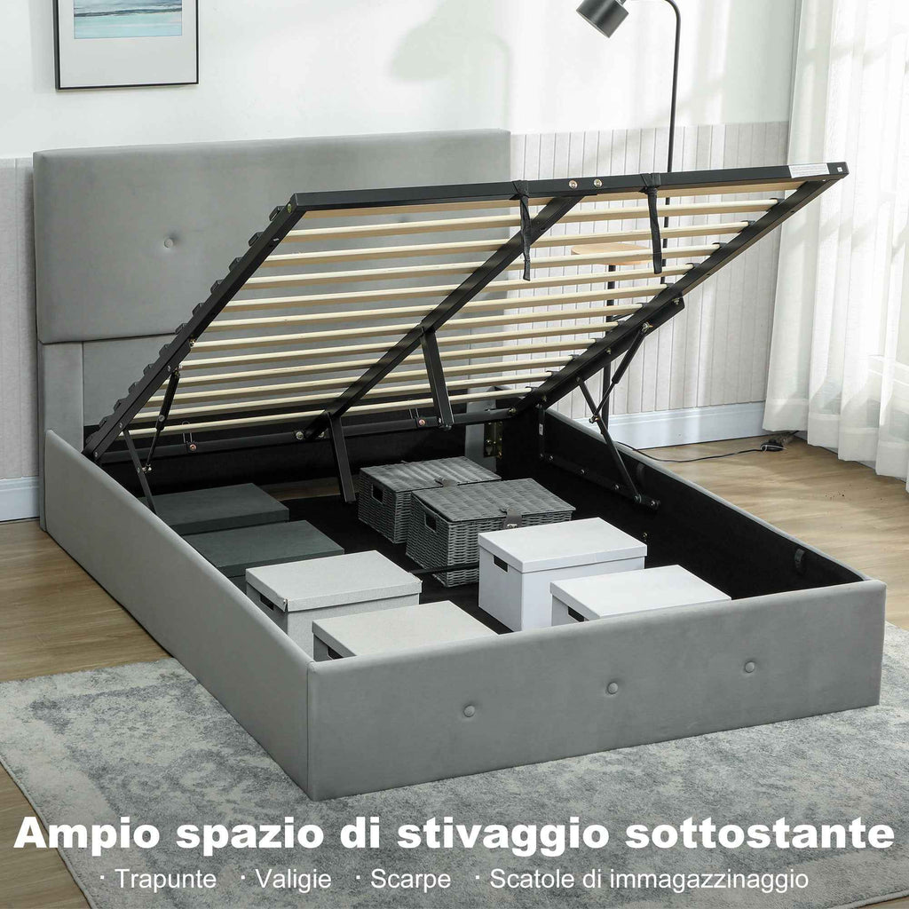 HOMCOM Storage Bed with Hidden Storage and Velvet Quilted Headboard, in Wood and Metal, 195x141x106 cm, Grey