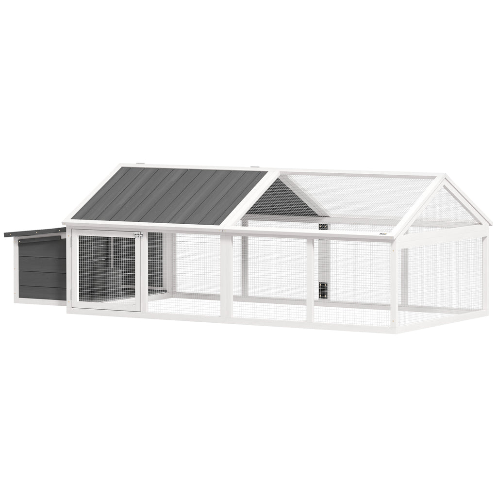 PawHut Wooden Chicken Coop for 4-8 Chickens with Wire Mesh and Opening Roof, 240x112.5x76 cm, White
