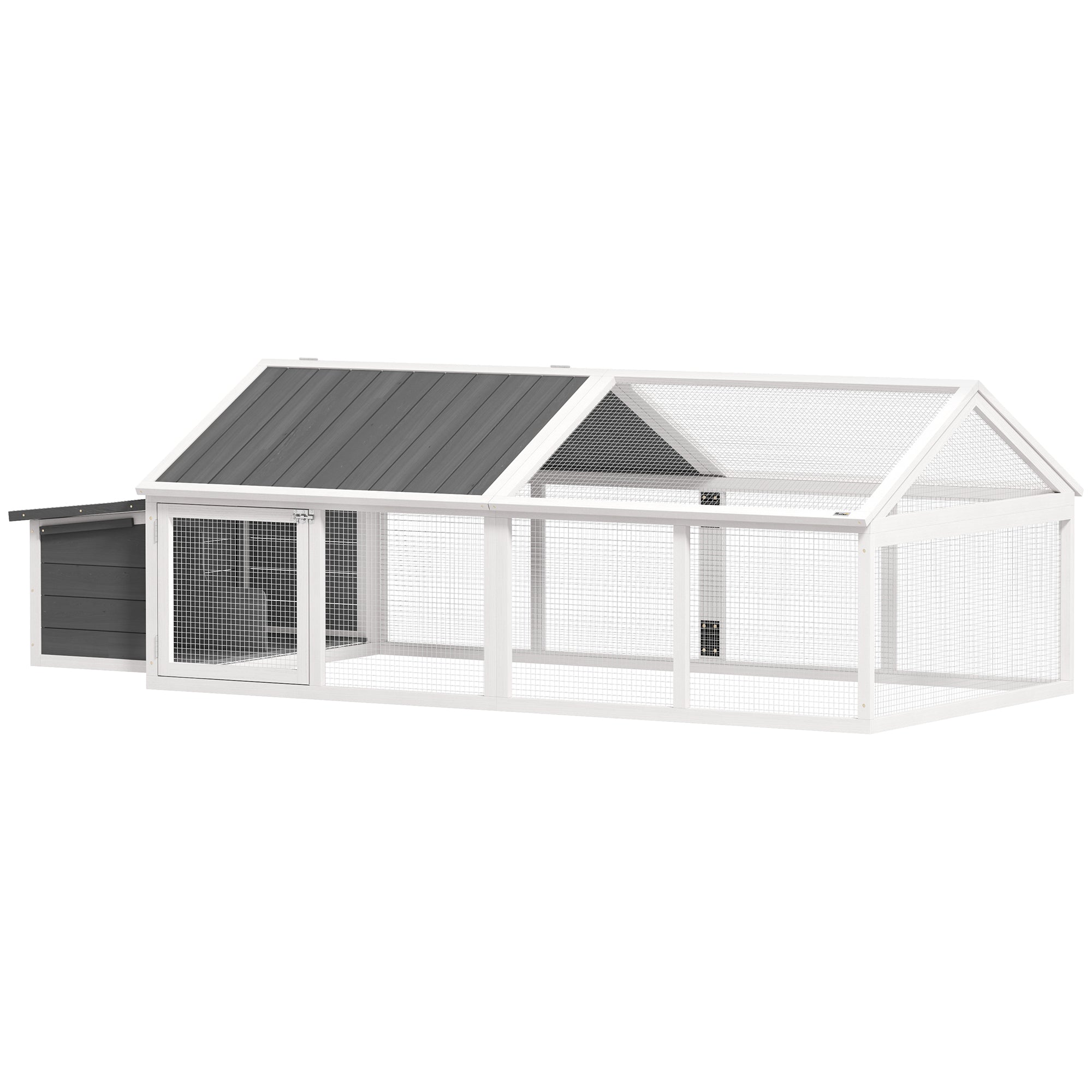 PawHut Wooden Chicken Coop for 4-8 Chickens with Wire Mesh and Opening Roof, 240x112.5x76 cm, White