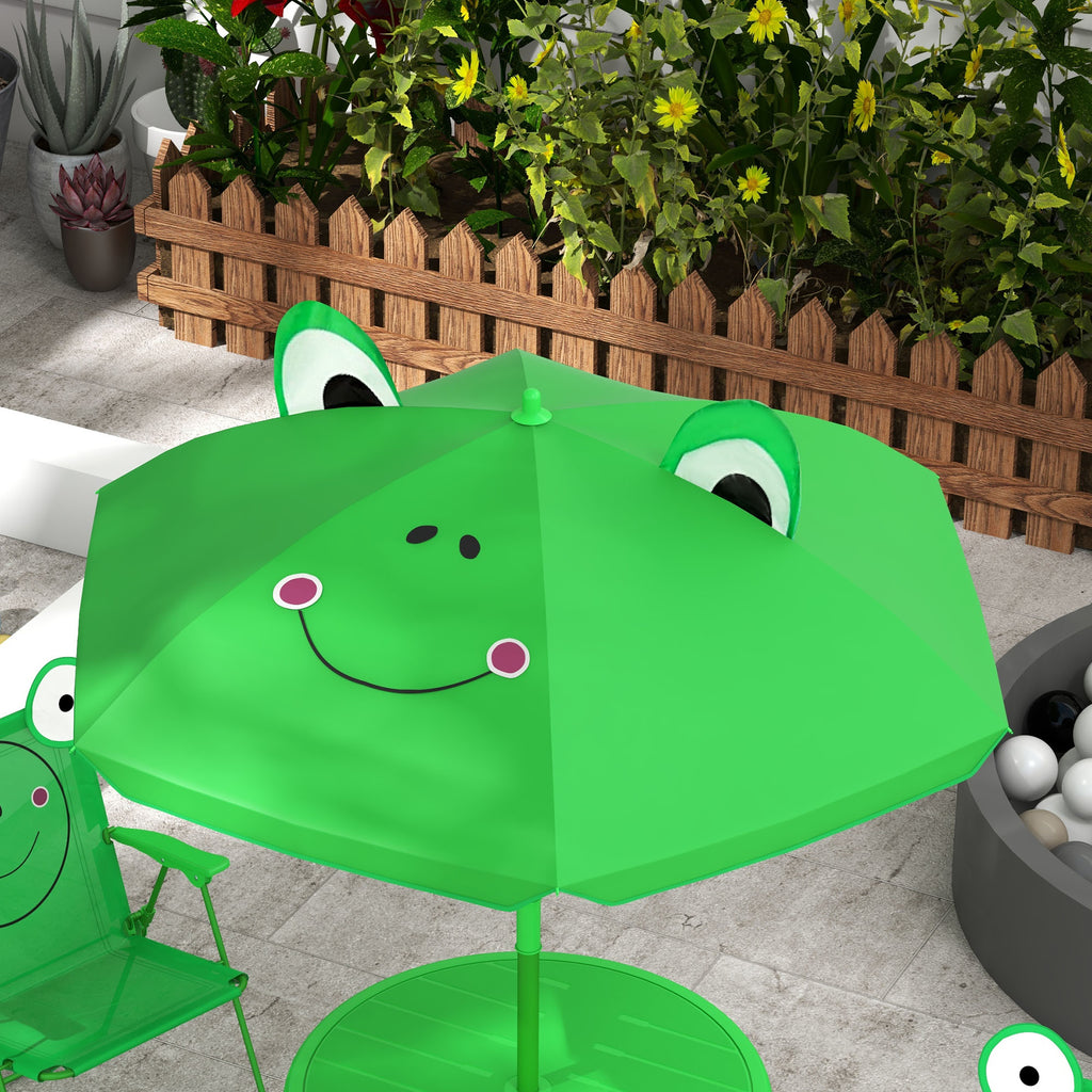 Garden Table and 2 Folding Chairs Set, Outdoor Table and Chairs with Umbrella for Children in Metal and Polyester, Green