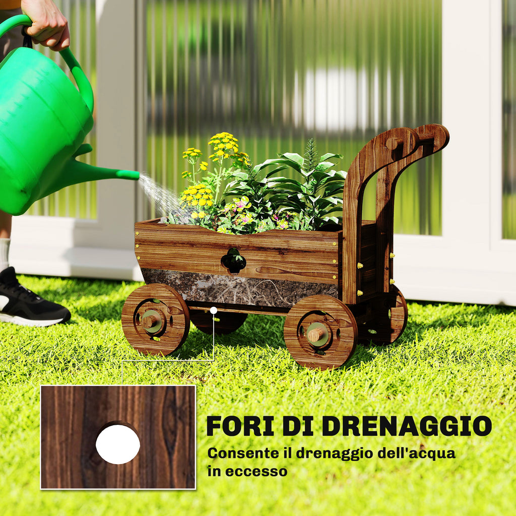 Outsunny Wooden Cart Planter with 4 Wheels, Handle and Drainage Holes, 68x38x52 cm, Wood