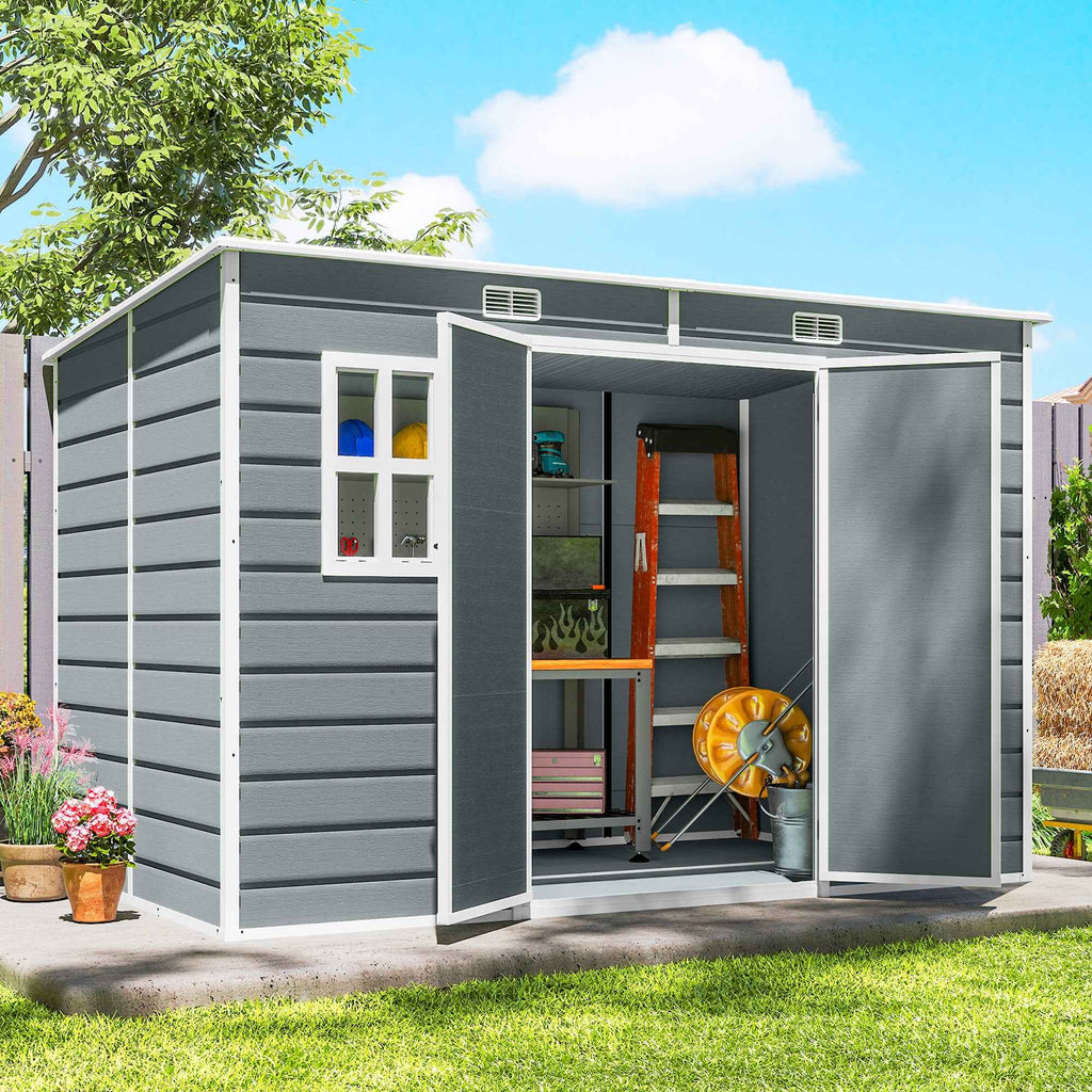 Outsunny 2-Door Tool Shed with Windows and Air Vents, Made of PP and Aluminum, 303x183x184 cm, Gray