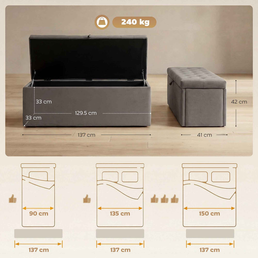 HOMCOM Velvet Storage Bench 140L with Wide Padded Seat, 240kg Capacity, Bedroom Living Room Entrance, Grey