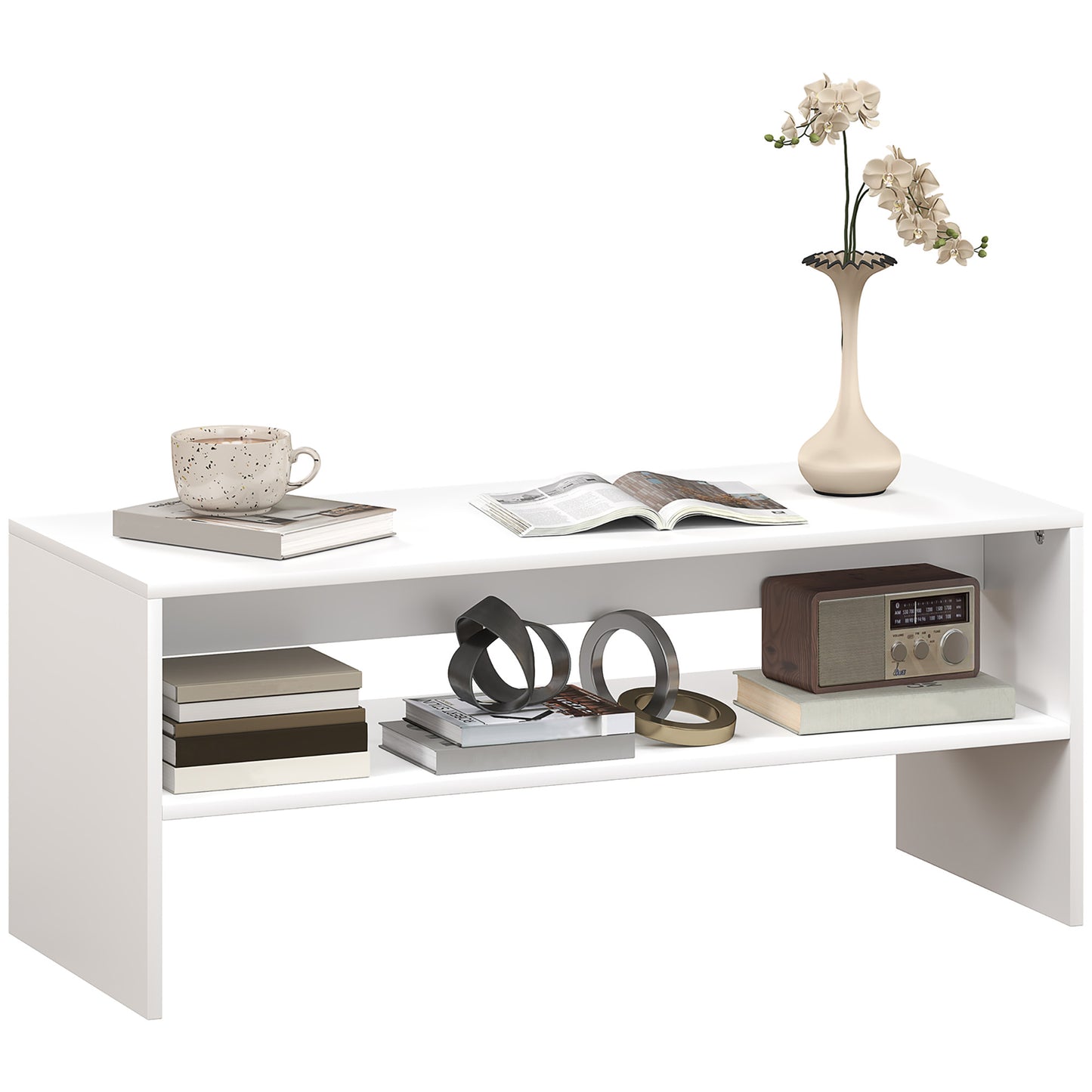 Modern 2-Tier Wooden Coffee Table with Open Shelf, 100x40x41.5cm, White