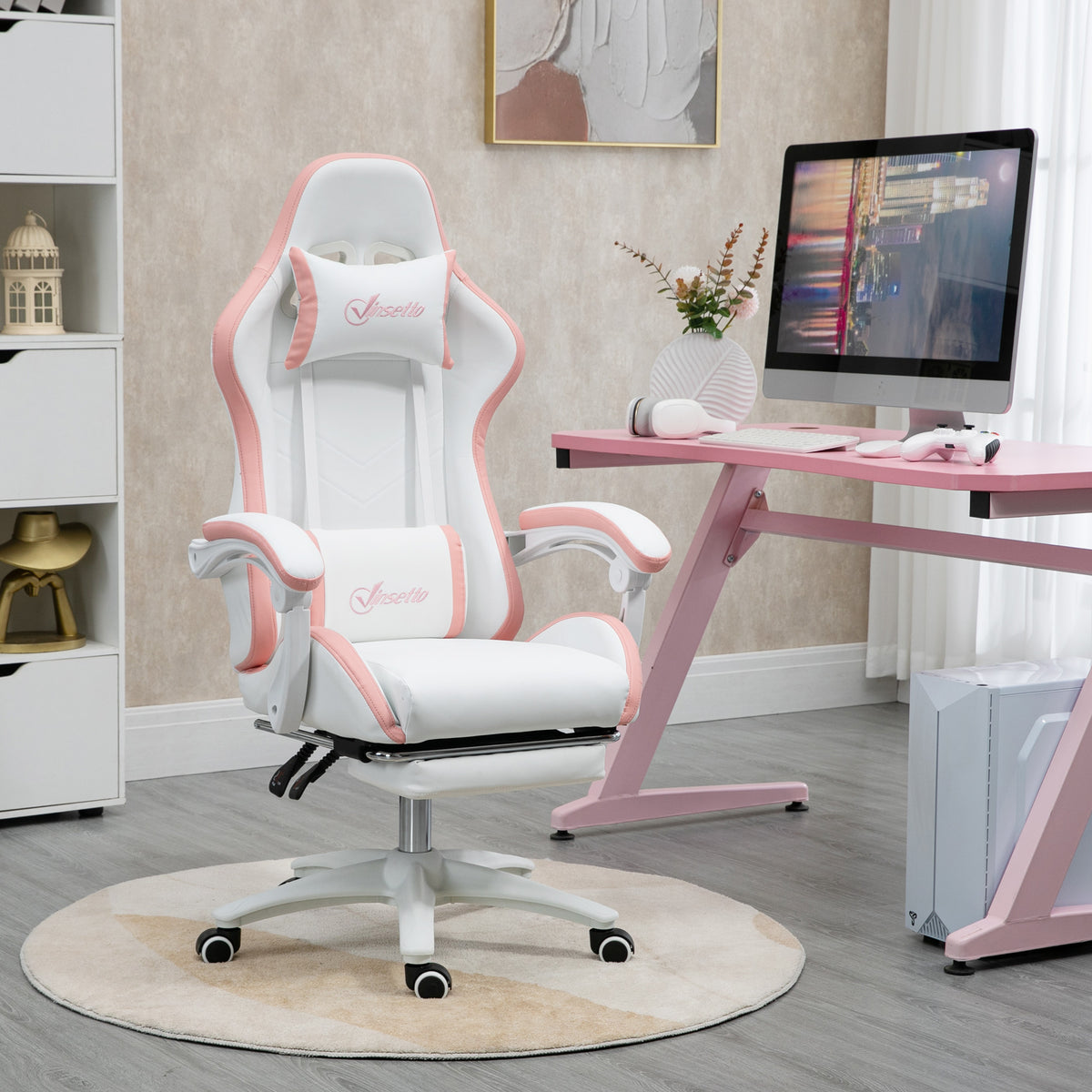 Vinsetto Gaming Chair with Adjustable Height and Reclining Backrest, 65x65x121-129 cm, White and Pink