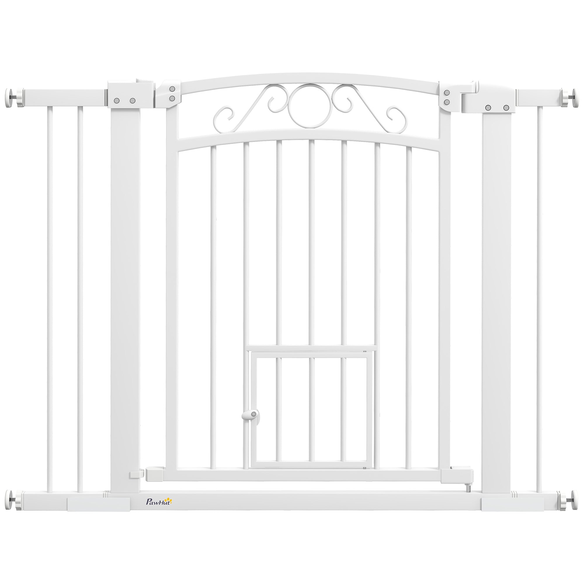 Adjustable Dog Gate with Extensions, Cat Door and One-Handed Opening, 76-104x77cm, White