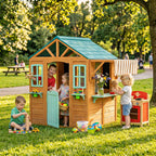 Children's Garden Playhouse with Window, Snack Bar, Half Door, Plant Stand, Target Cloth, 4 Balls, Blackboard