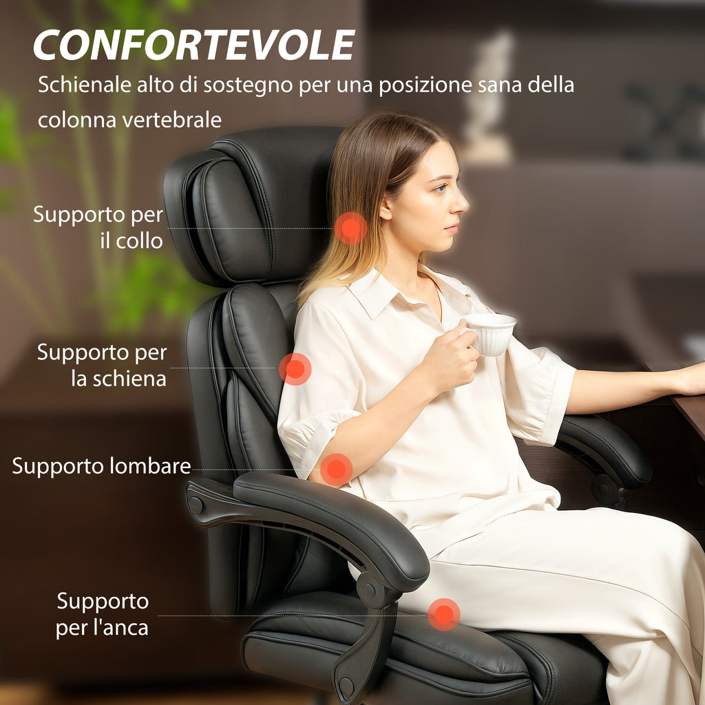 PU Leather Office Chair with Footrest, Adjustable Headrest and Lumbar Support, Black