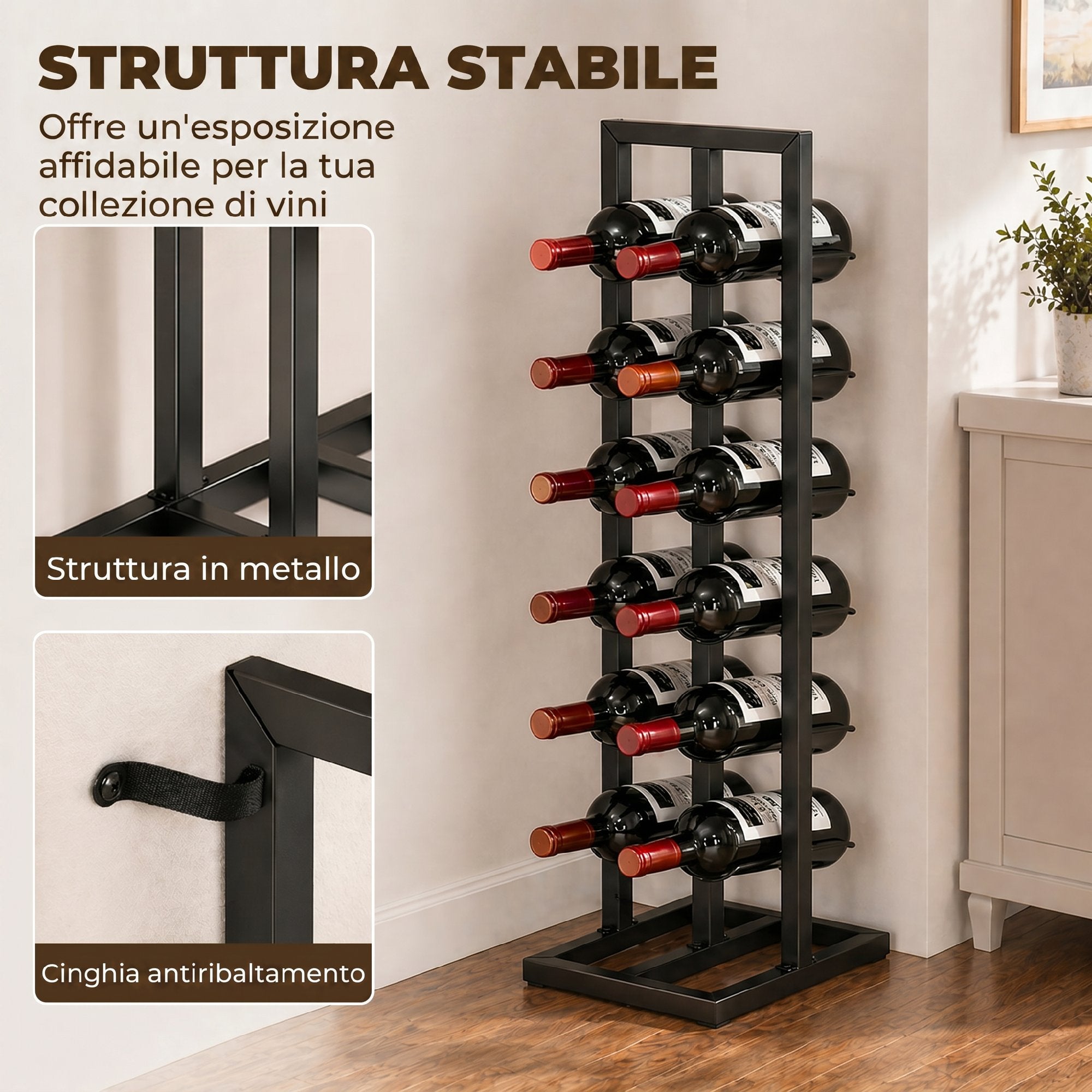 HOMCOM 12-Bottle Metal Floor-Standing Wine Rack, Black