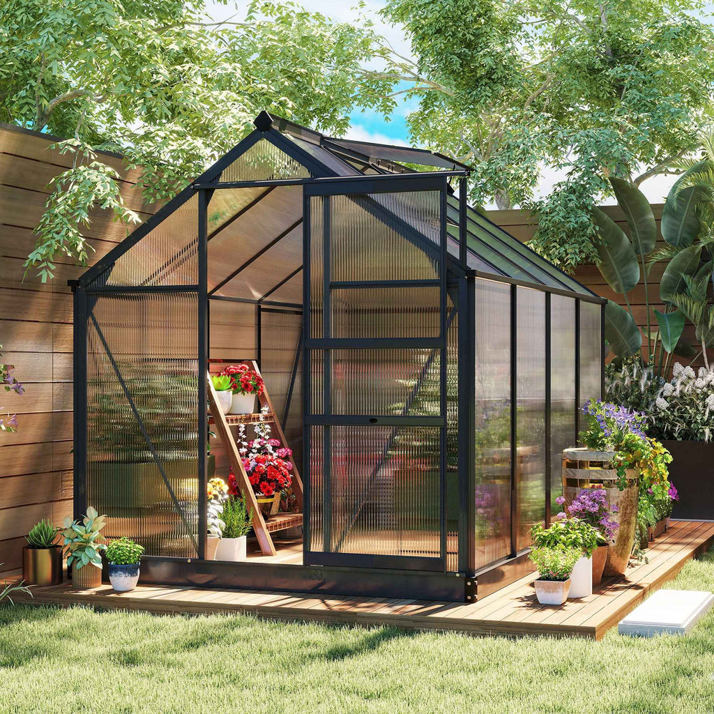 Outsunny Polycarbonate and Aluminum Greenhouse with Sliding Door, Air Vent and Gutter, 190x252x201 cm, Gray
