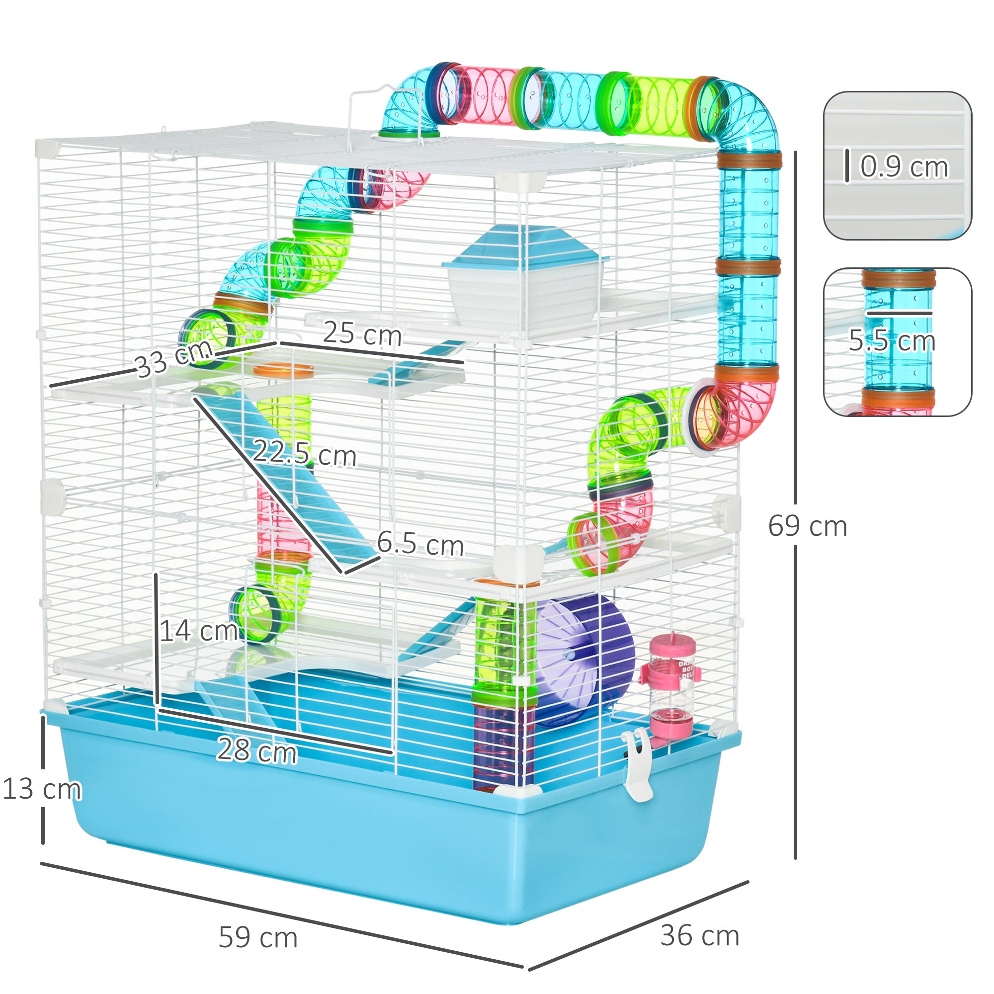 5-Tier Hamster Cage with Tubes, House, Water Tank and Wheel, 59x36x69 cm