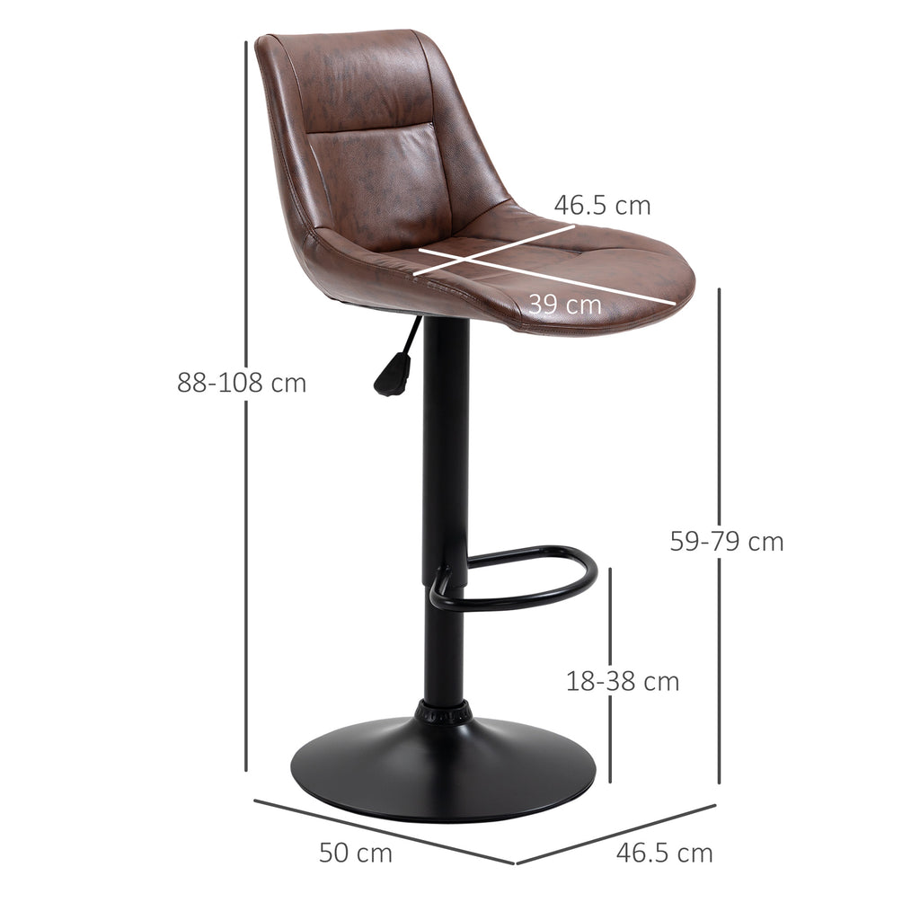 Set of 2 Vintage Brown Faux Leather Bar Stools with Footrest and Round Base, 46.5x50x88-108 cm
