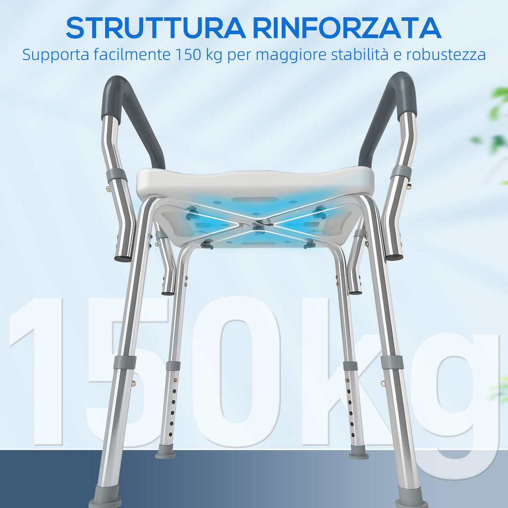 HOMCOM Adjustable Shower Stool with Armrests and Drainage Holes in Aluminum, 52x45x57-69 cm, Gray