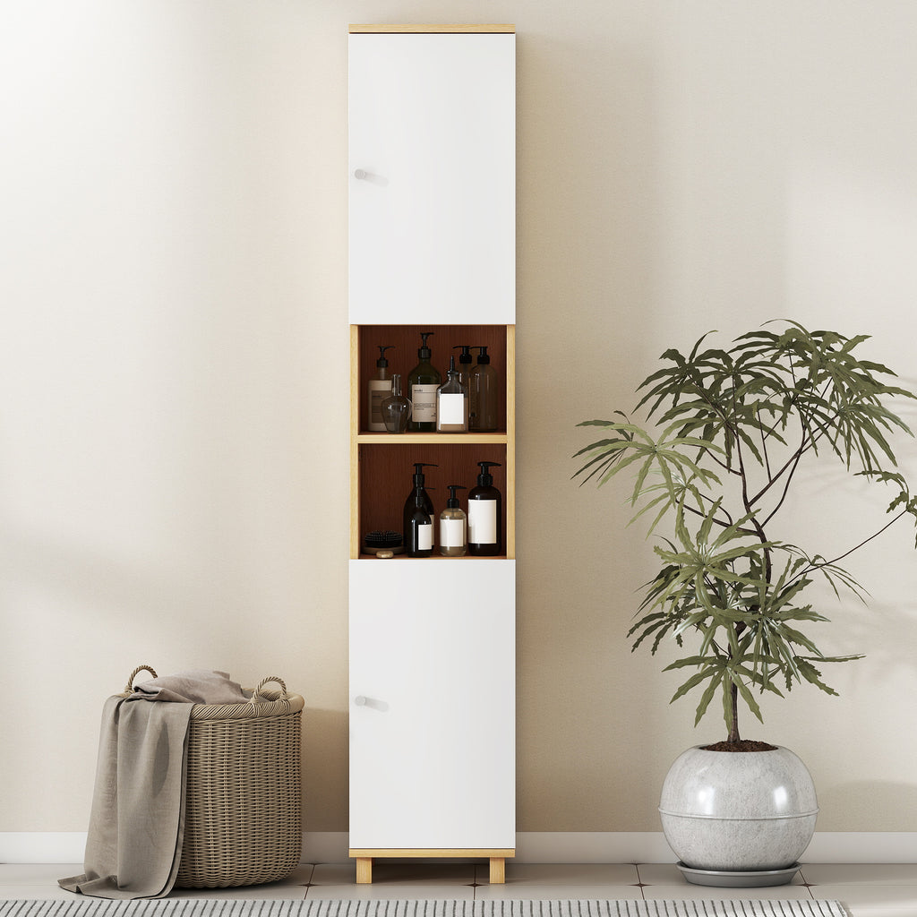 Bathroom Cabinet with 2 Cabinets and Open Shelves, Adjustable Internal Shelves, 30x30x166 cm, White and Wood