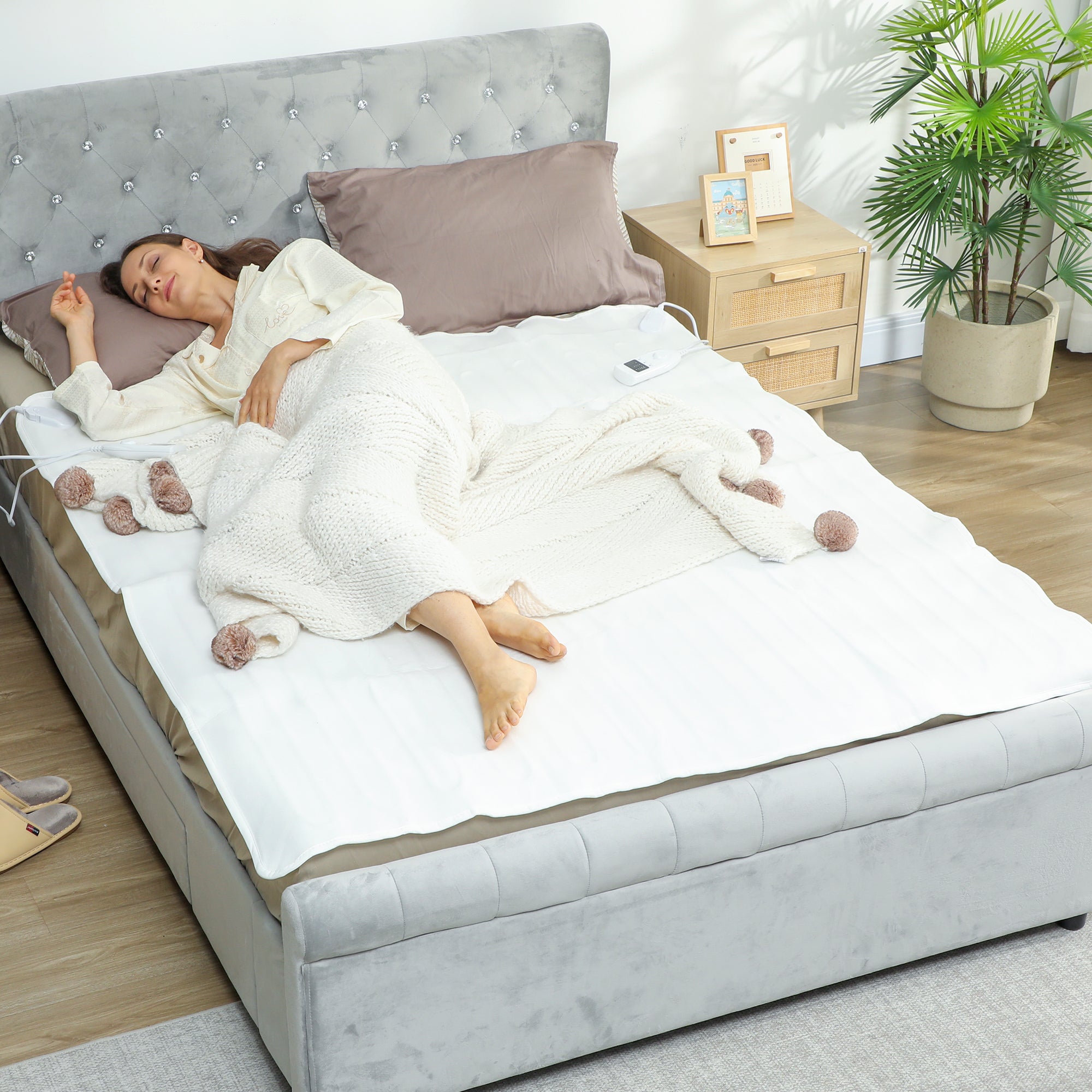 Electric Blanket 160x140 cm with 5 Heat Levels and 2 Independent Control Zones, in White Polyester