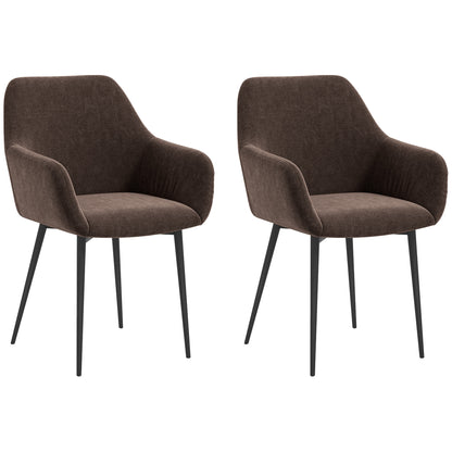 Set of 2 Nordic Dining Chairs Padded with Curved Armrests in Velvet Effect Fabric, 54x57x80 cm, Brown