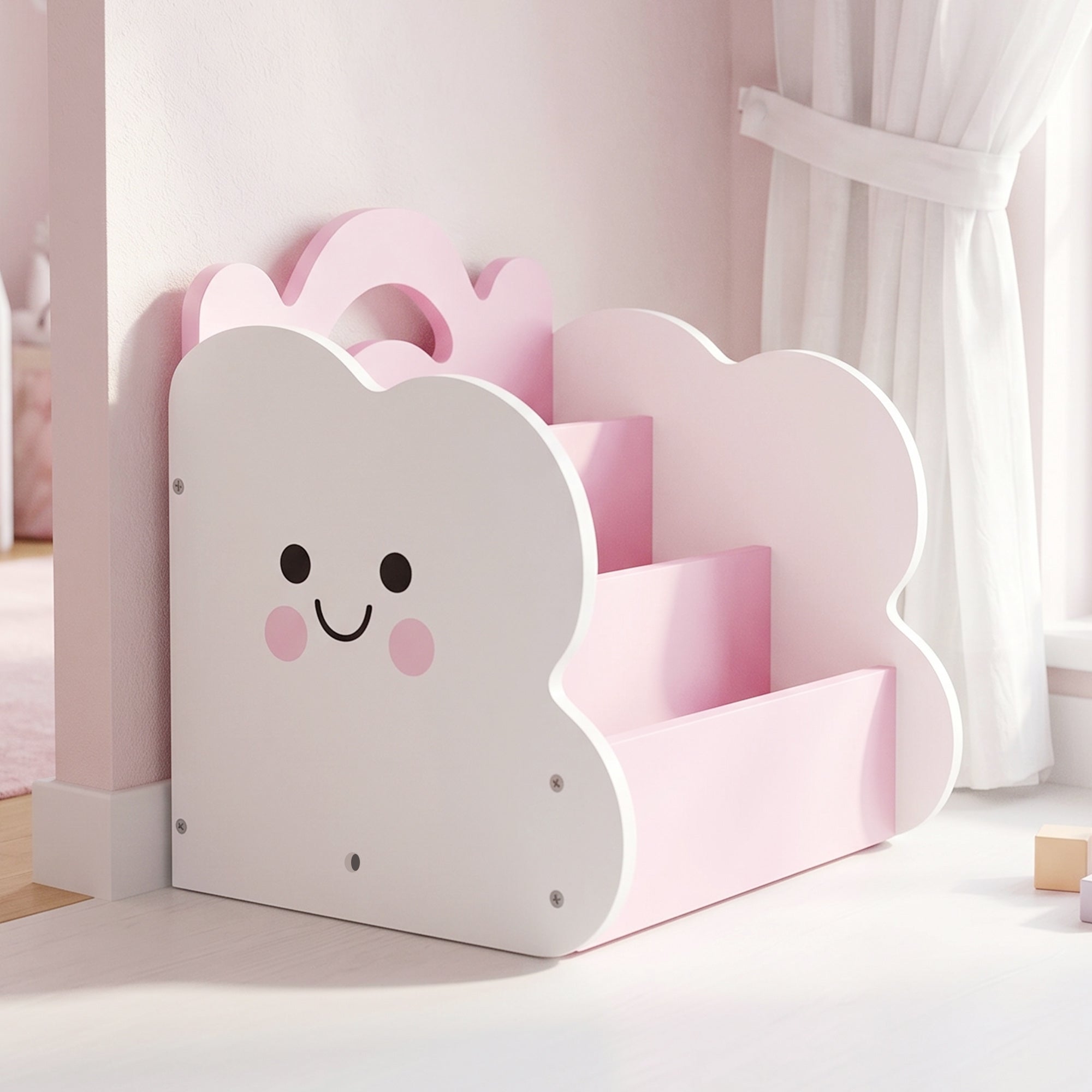 AIYAPLAY Children's Wooden Cabinet with Magazine Rack, 3-Tier Bookcase and Bedside Table, 85.5x32x72 cm, Pink and White