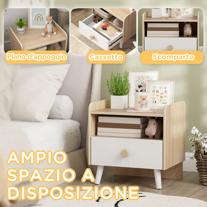 Bedside Table with Drawer for Children 3-10 Years Old in Wood and Pine Wood, 40x32.5x40 cm, White