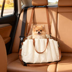 Small Dog Car Seat with Leash and Non-Slip Base, Convertible to Pet Carrier, Cream