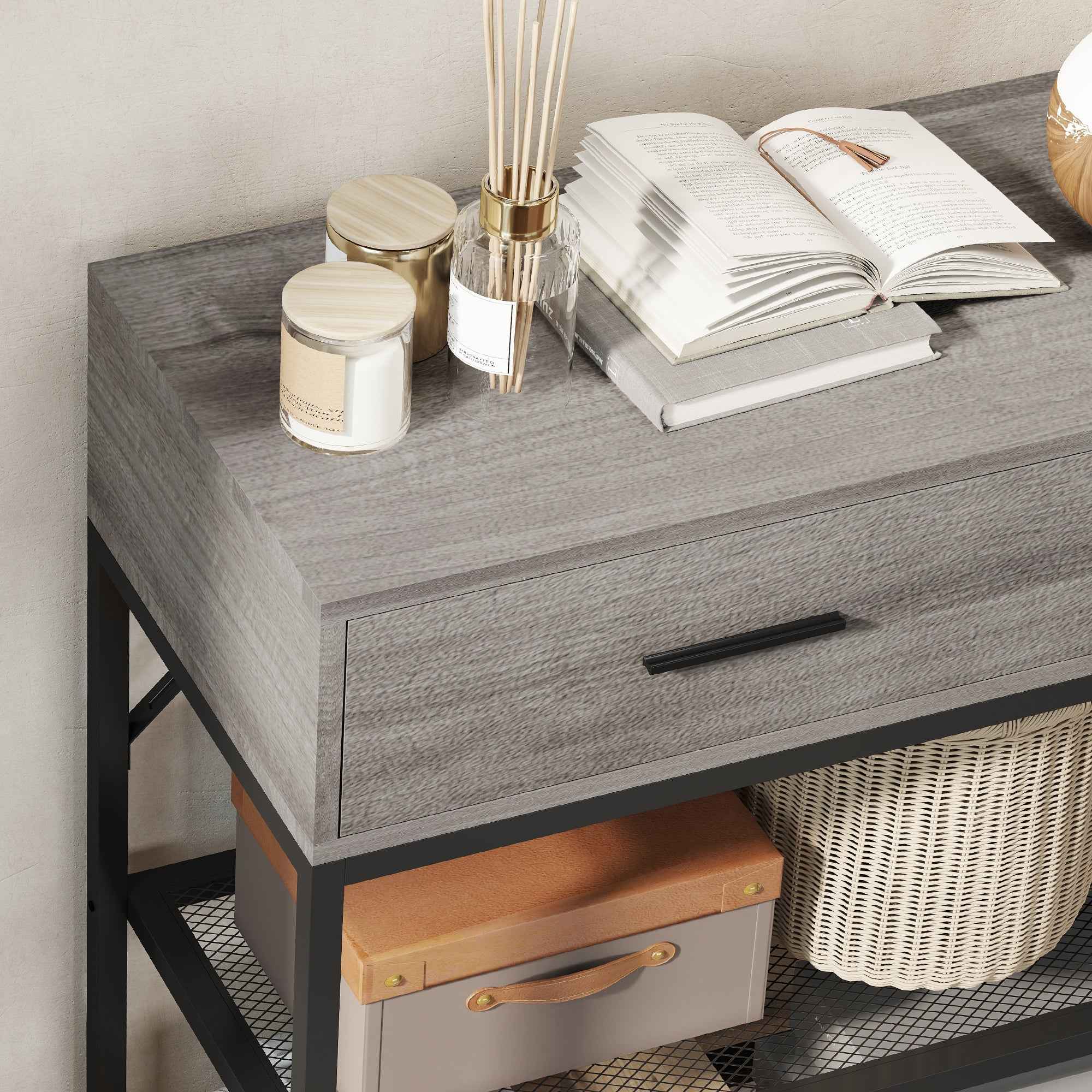 HOMCOM Entrance Console Table with 2 Drawers, 2 Shelves and Side Hook, in Wood and Metal, 100x35x92 cm, Black and Wood
