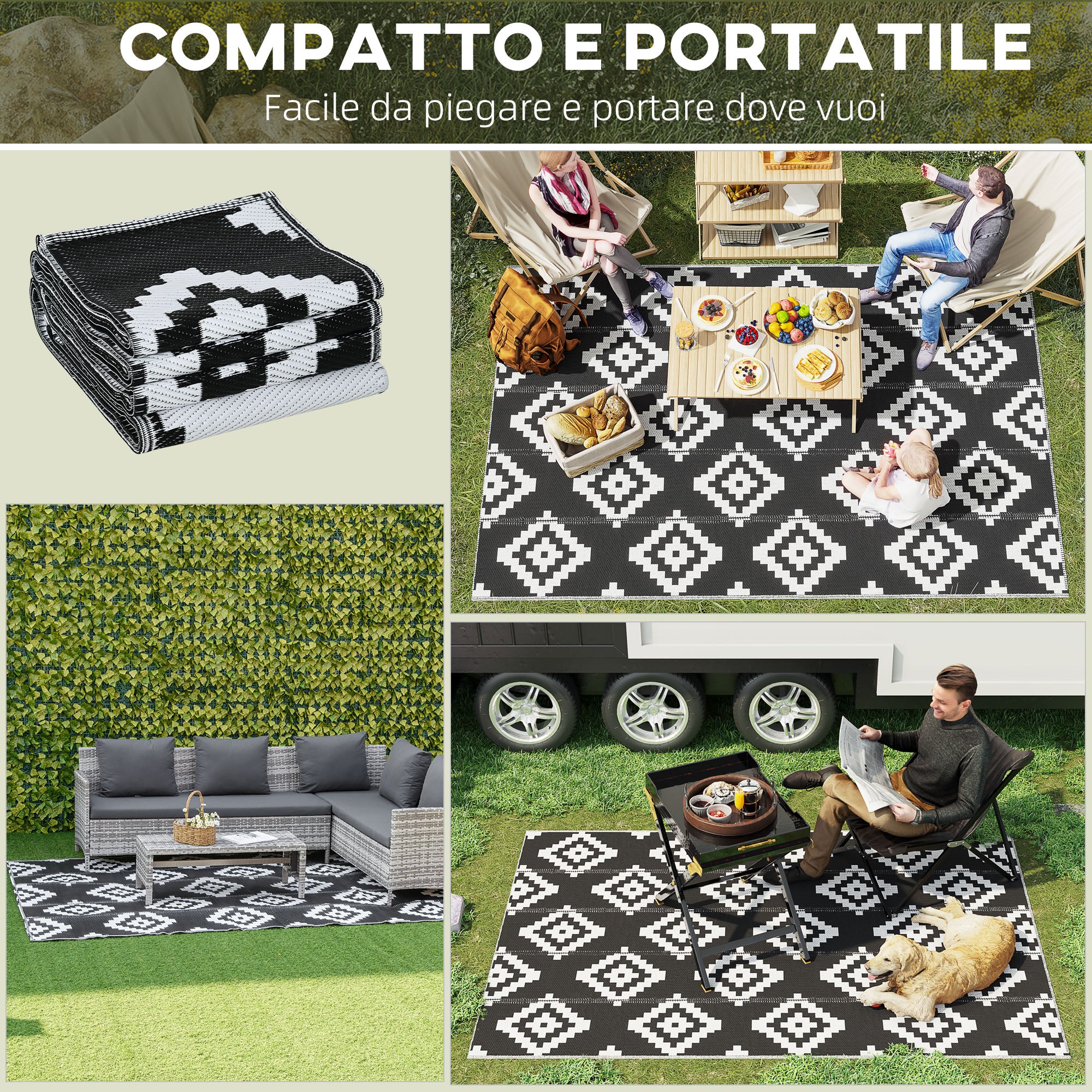 Reversible Geometric Pattern Outdoor Balcony and Terrace Rug, 2.74x1.82 m, Black and White