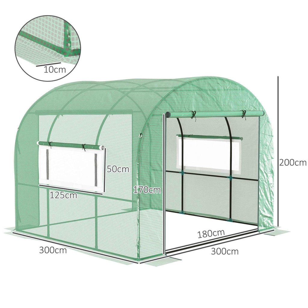 Outsunny 3x3x2 m Steel and UV-Resistant Polyethylene Tunnel Greenhouse for Vegetable Garden with Roll-Up Doors and Windows, Green