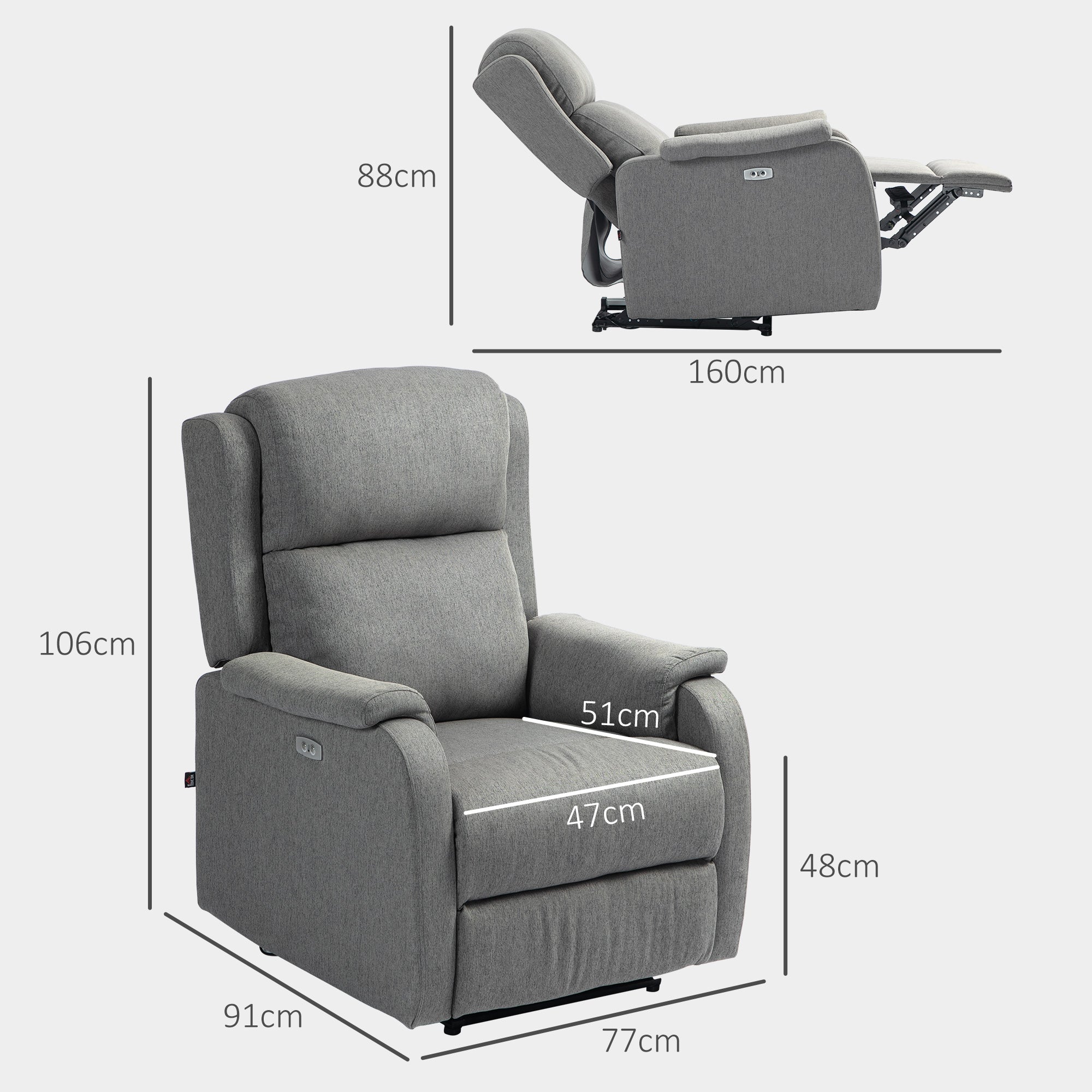Reclining Chair with Footrest, in Linen Effect Fabric, Wood and Metal, 77x91x106 cm, Dark Grey
