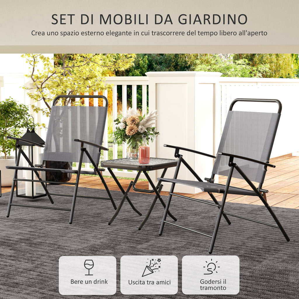 Garden Set with Glass Top Table and 2 Folding Chairs with Adjustable Backrest, Grey