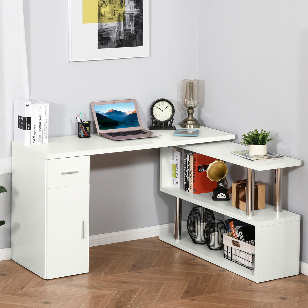 Homcom Modern Angular Wooden Desk with drawer, locker and shelves, office furniture and home, white - Borgè