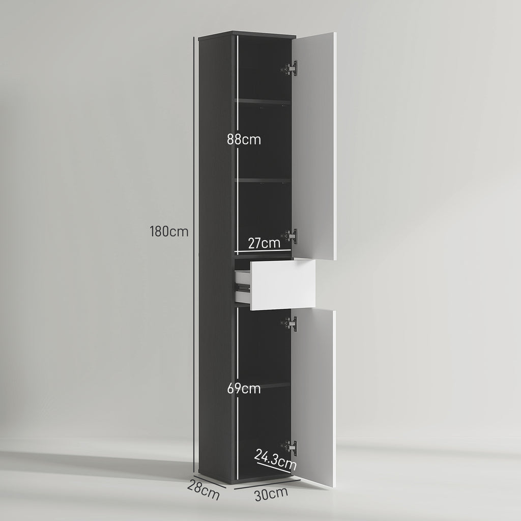 Space-saving Wooden Bathroom Column with 2 Cabinets and Drawer, 30x28x180 cm, Black
