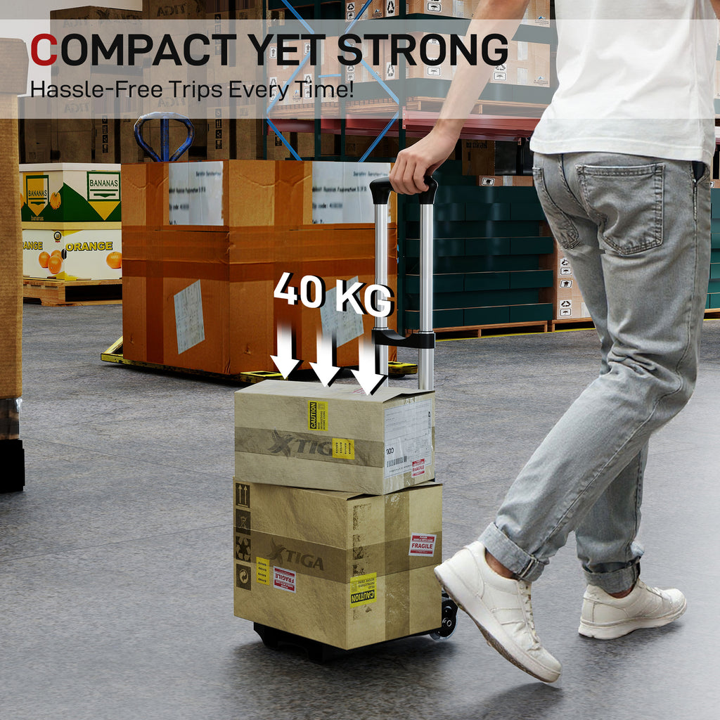 Folding Luggage Cart, 40 kg, with 2 Straps, Telescopic Handle, Aluminum and Plastic, Black