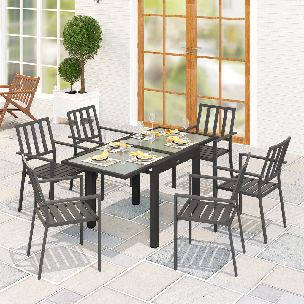 Extendable Garden Dining Table with Glass and Aluminum Top, 80-160x80x75 cm, Black and Transparent