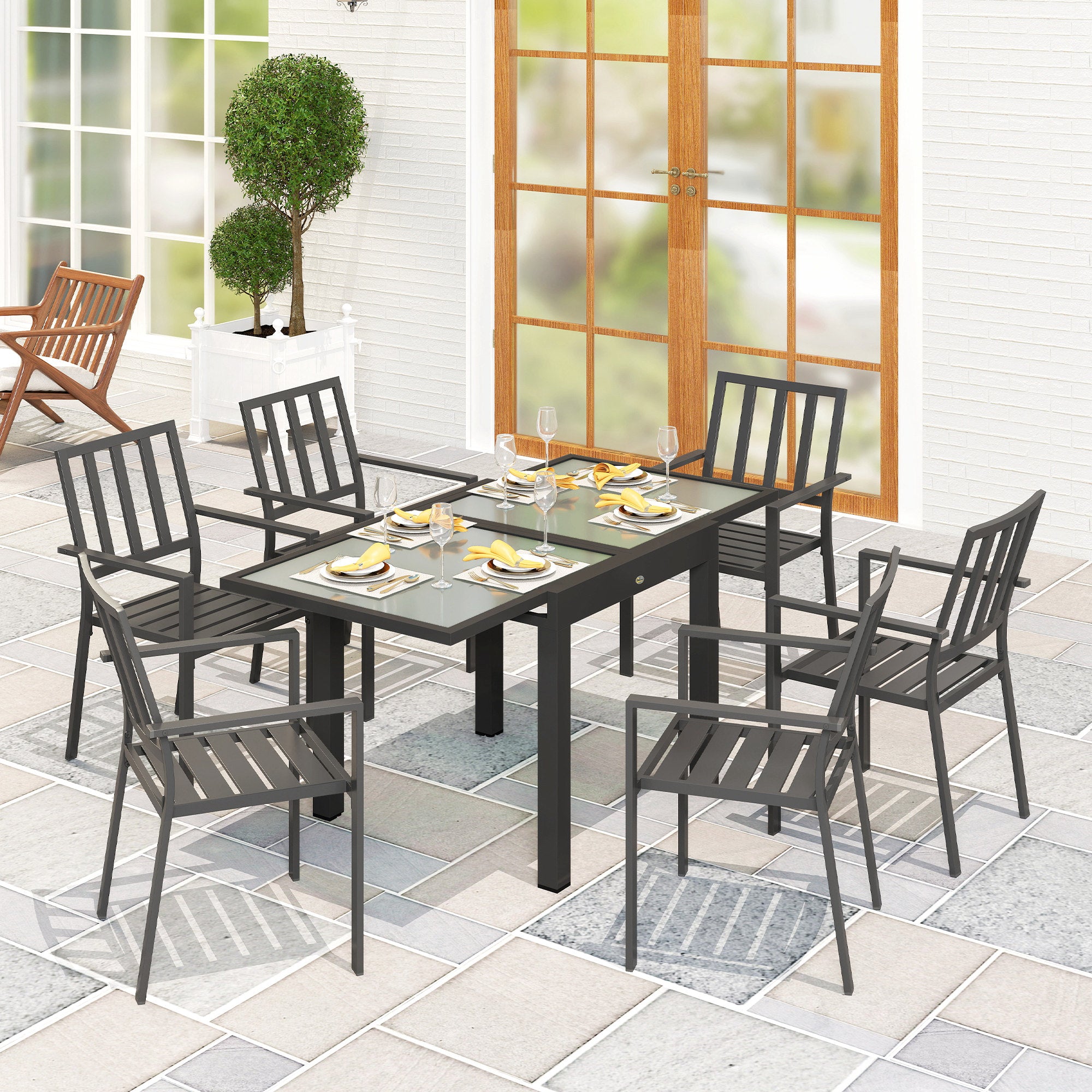 Extendable Garden Dining Table with Glass and Aluminum Top, 80-160x80x75 cm, Black and Transparent