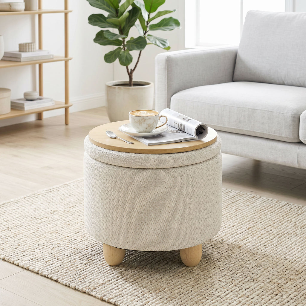 HOMCOM 19L Round Jute Fabric Storage Ottoman with Lid, 120kg Capacity, 38.5x38.5x33.5cm, Beige