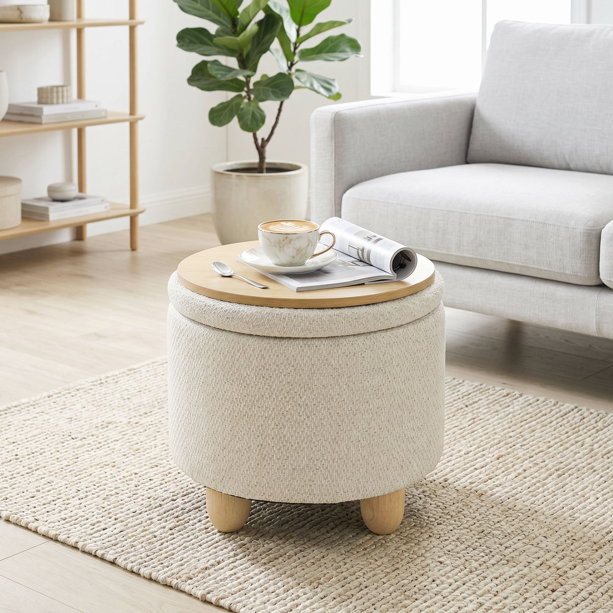HOMCOM 19L Round Jute Fabric Storage Ottoman with Lid, 120kg Capacity, 38.5x38.5x33.5cm, Beige