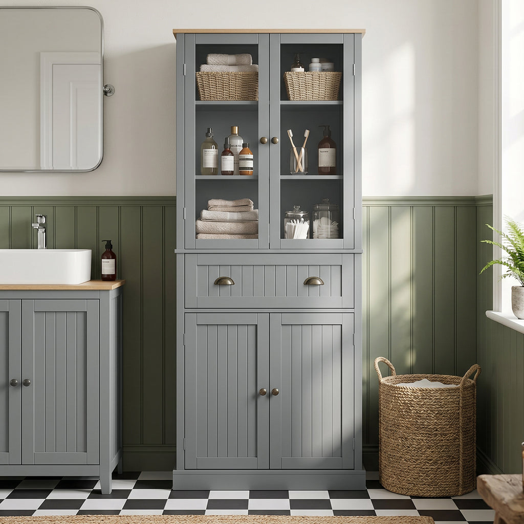 5-Tier Pantry Unit with Central Drawer in MDF and Chipboard, 76x40x182.5 cm, Grey