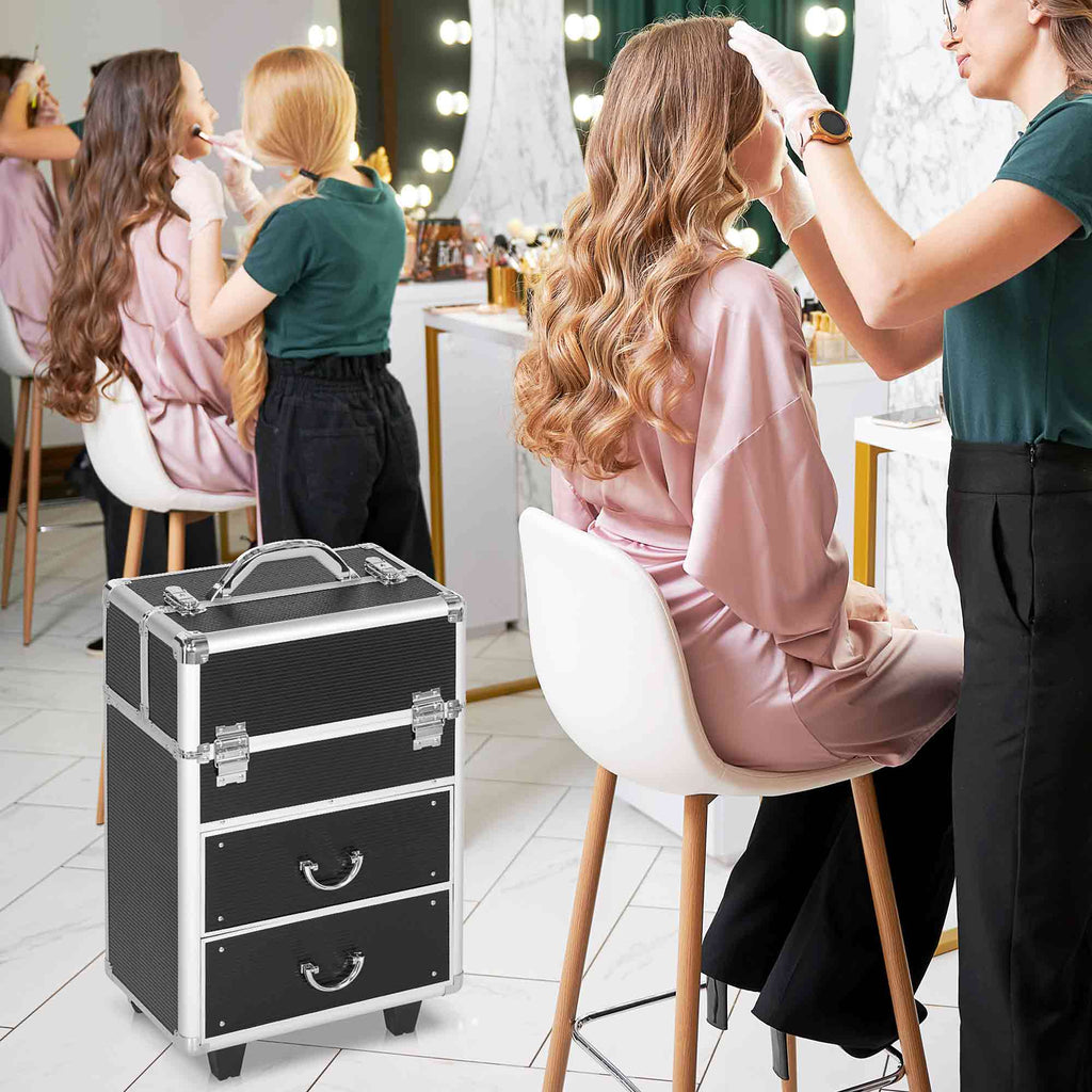Professional Makeup Trolley Case, Lock with 2 Keys and Wheels, Black 36x23x52cm