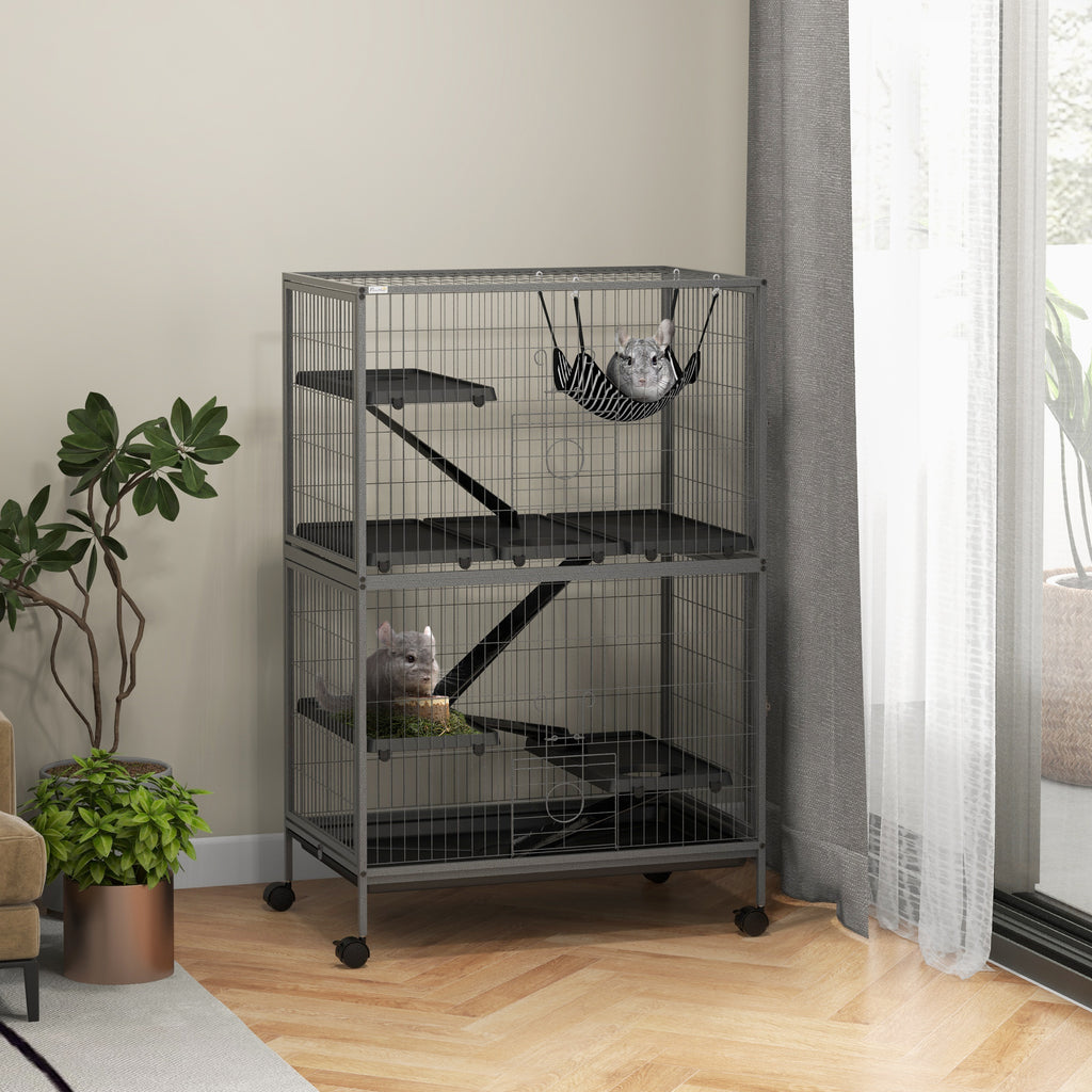 Rodent Cage with 4 Multi-Level Entrances and Hammock, Metal and PP, 80x52x128 cm, Silver and Grey