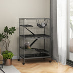 Rodent Cage with 4 Multi-Level Entrances and Hammock, Metal and PP, 80x52x128 cm, Silver and Grey