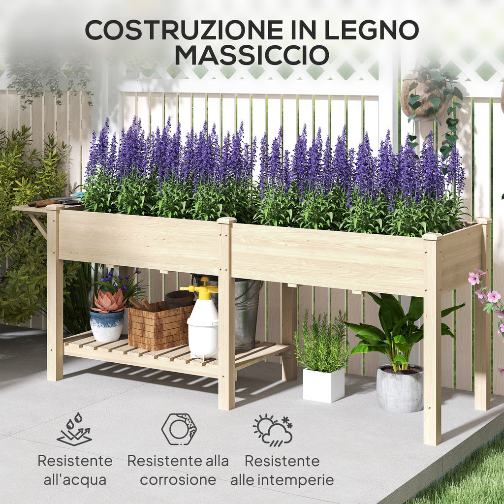 Raised Planter with Side Table and Lower Tool Shelf, in Fir Wood, 207x59x78 cm