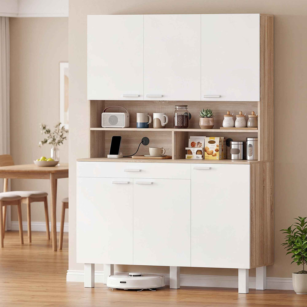 HOMCOM Kitchen Sideboard with Open Shelves, 4 Cabinets and Drawer, in Wood and Metal, 120x40x175 cm, White and Wood