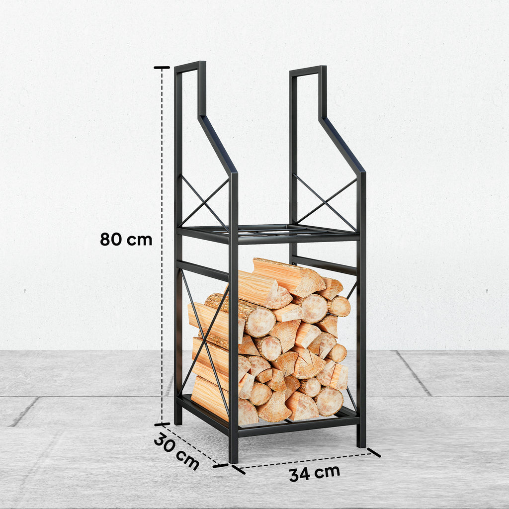2-Tier Metal Firewood Rack with Raised Base, 34x30x80 cm, Black