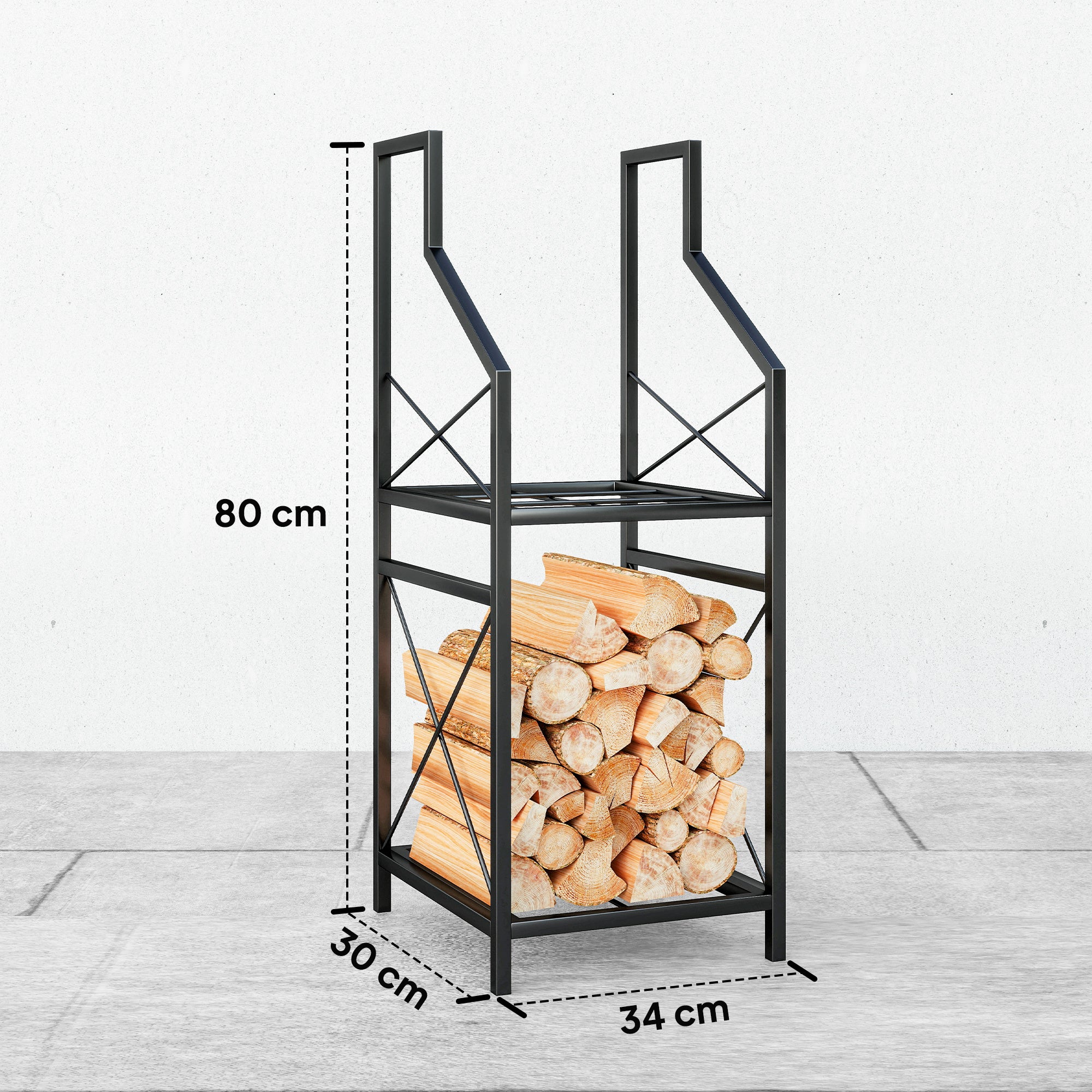 2-Tier Metal Firewood Rack with Raised Base, 34x30x80 cm, Black