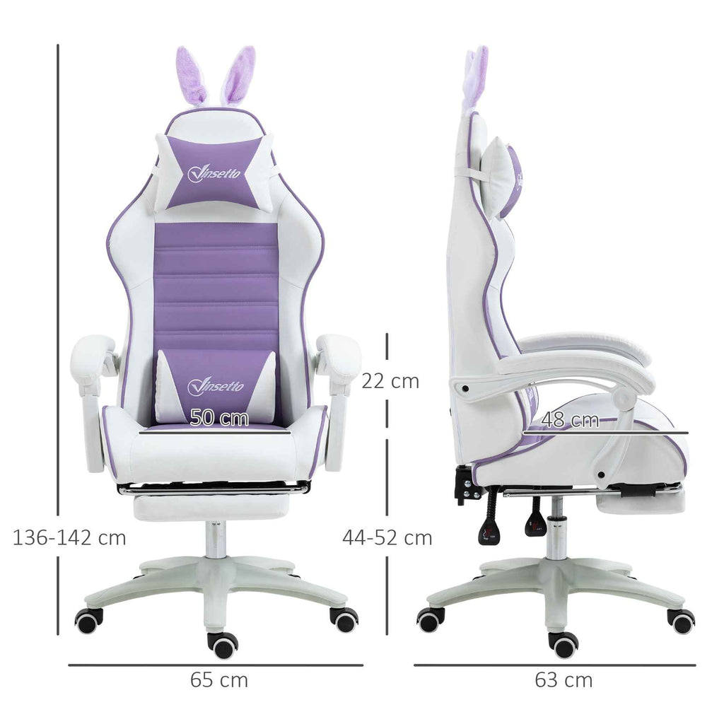 Vinsetto Gaming Chair with Rabbit Ears, Footrest, Cushions, Reclining and Adjustable Height, Purple